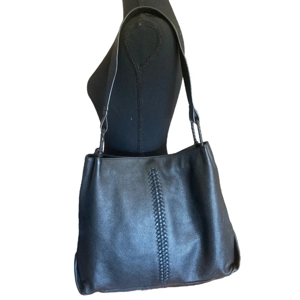 VINCE CAMUTO Maxi Black Leather Hobo Shoulder Bag 14” x 12”